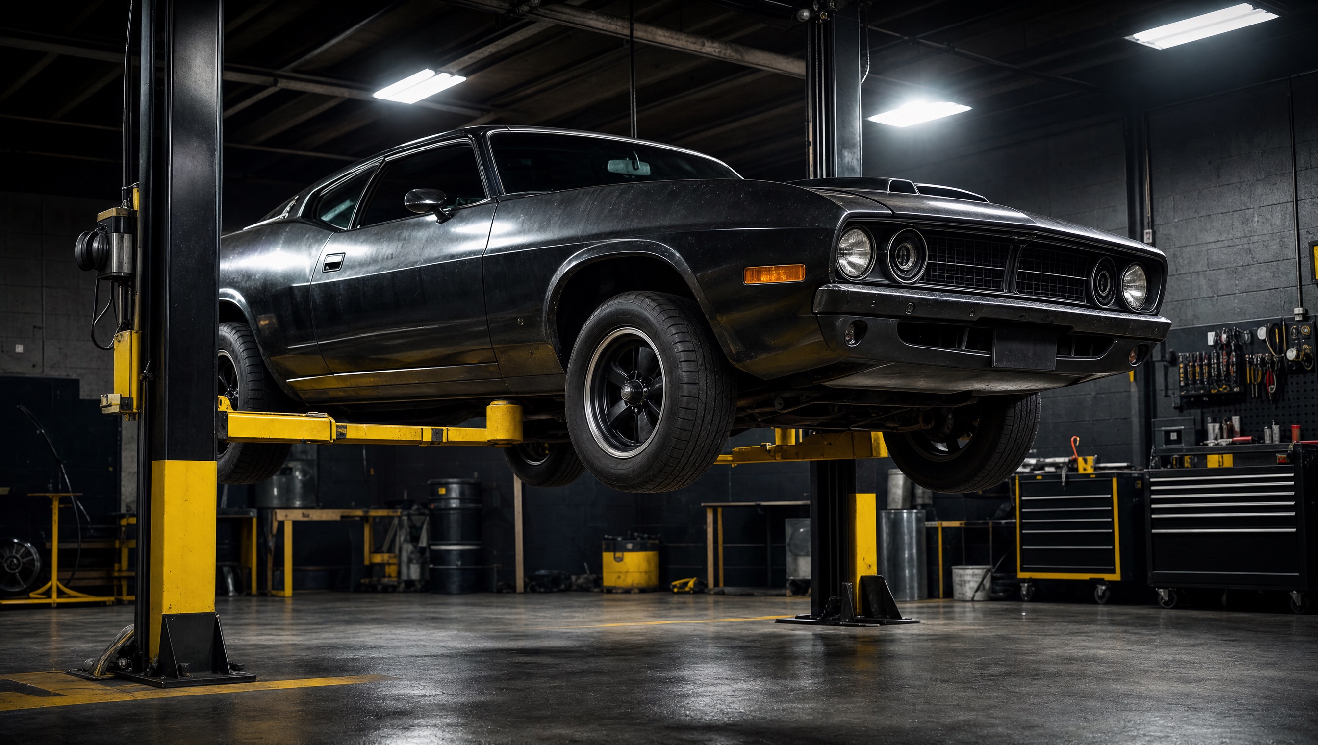 A muscle car up on the two-post lift at Ironside